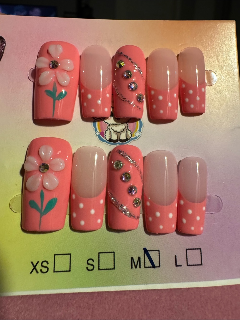 Pink Floral Polka Dot Press-On Nails with Rhinestones